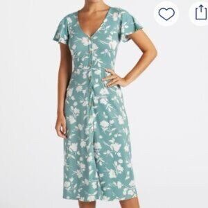 Fortune & Ivy Jersey Knit Midi Dress - Teal blue/green color, with floral print